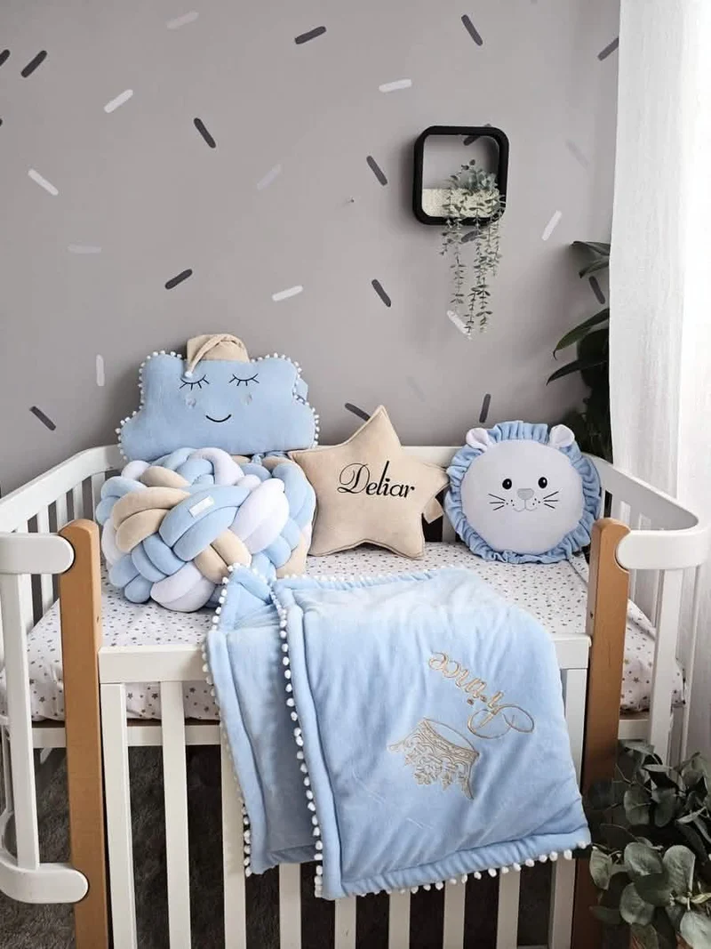 Luxury Beige Blue Baby Bedding Set - Cloud, Lion & Star
