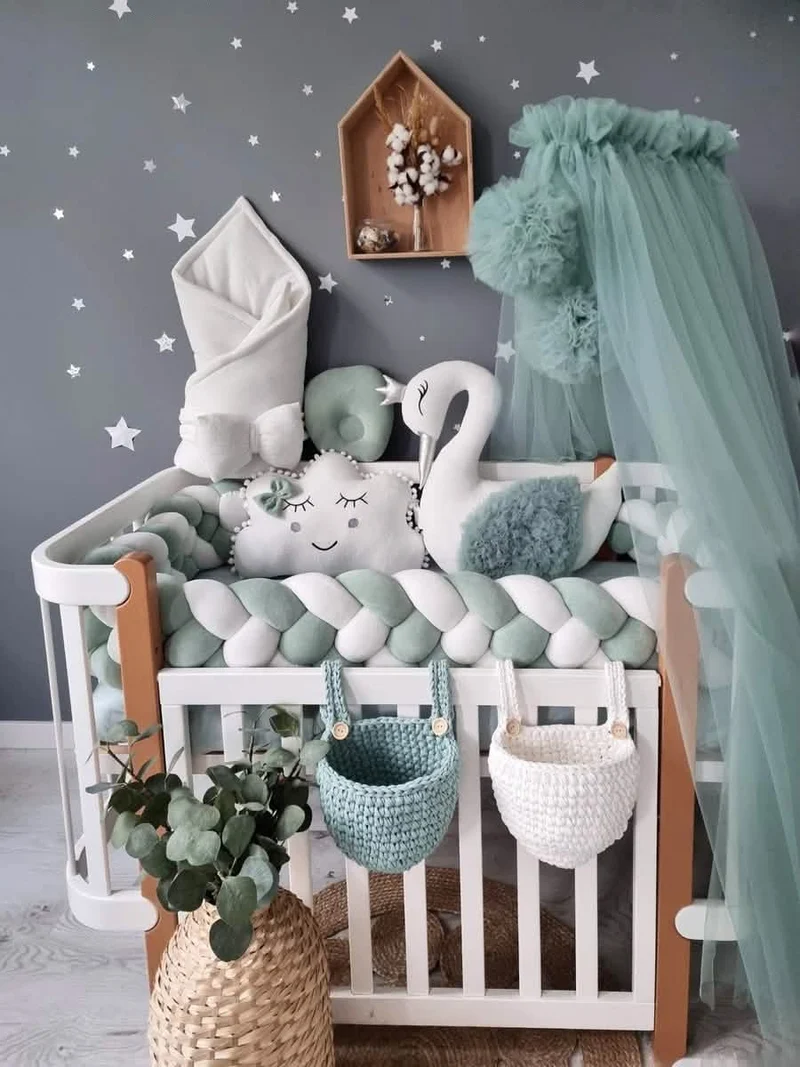 Baby Bedding Set Sage Green - Princess Swan & Cloud Pillows