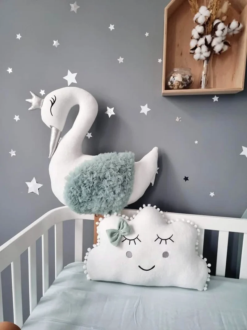 Baby Bedding Set Sage Green - Princess Swan & Cloud Pillows
