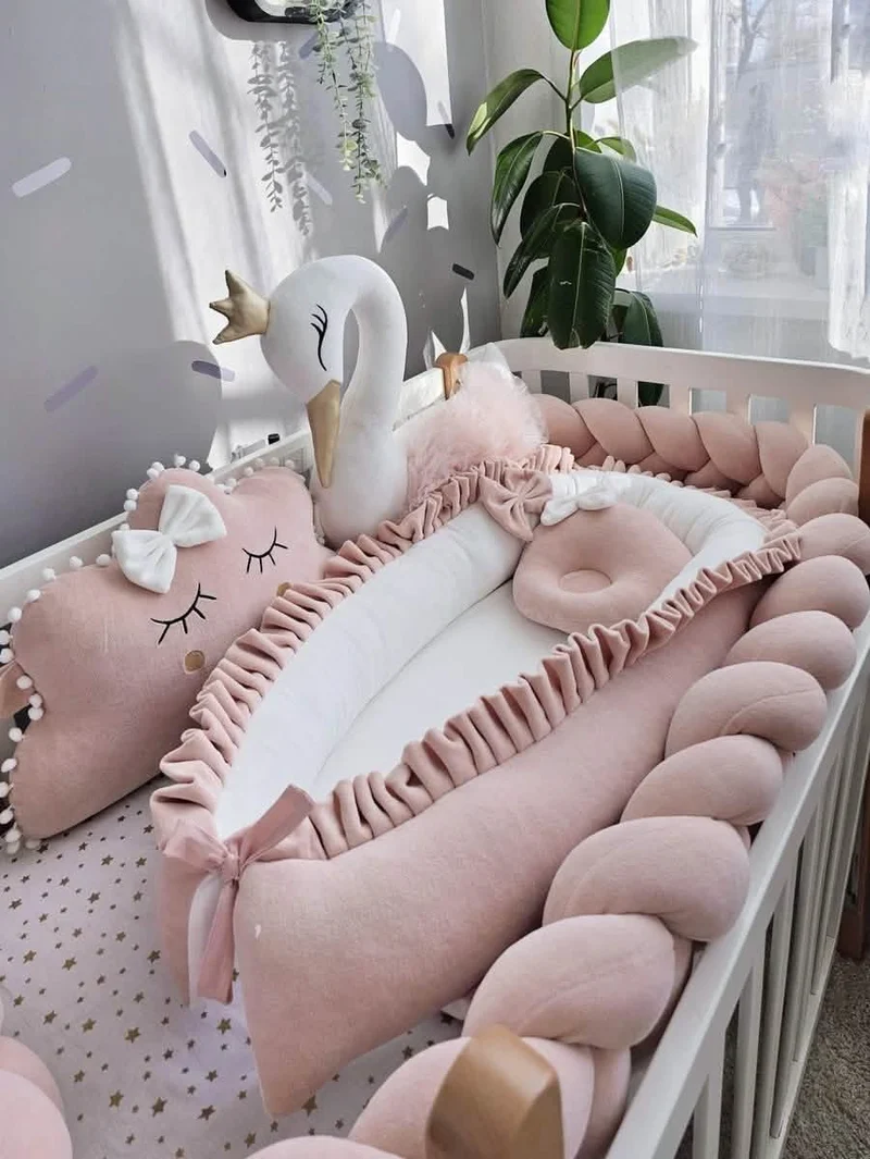 Baby Girl Bedding Set Blush - Princess Swan & Custom Pillow