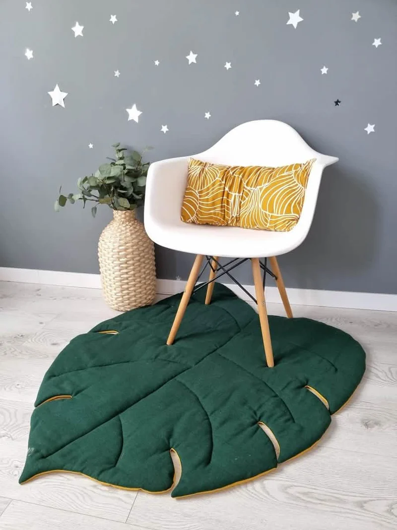 Baby play mat monstera. Leaf nursery rug.