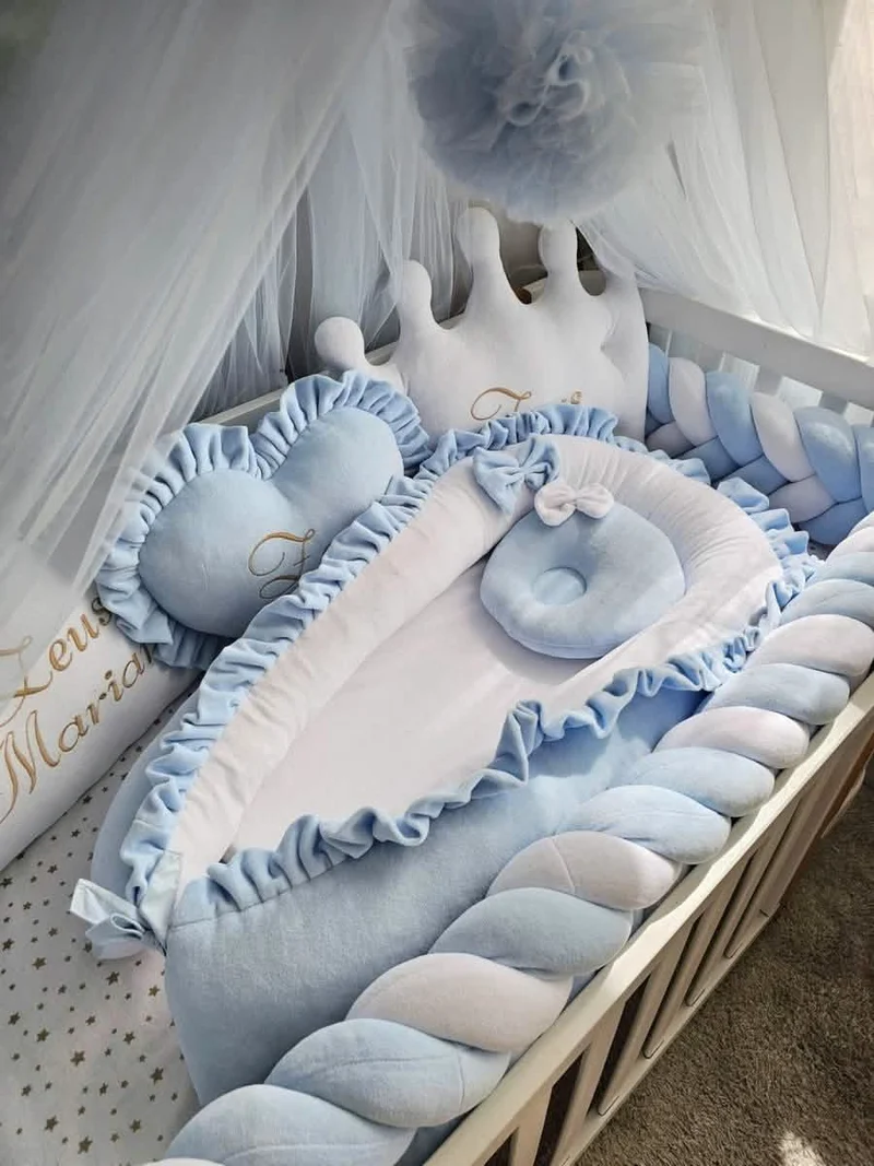 Blue Baby Boy Bedding Set - Cotton Velour Nursery Decor