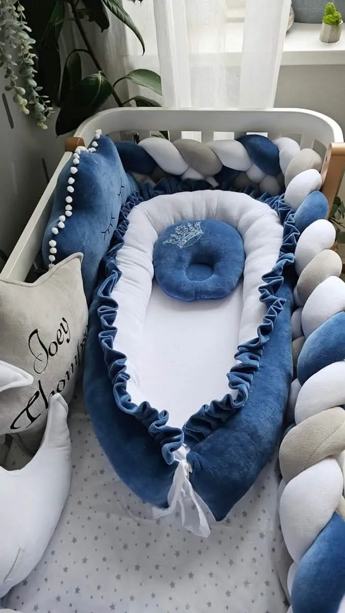 Baby Boy Bedding Set Navy Blue - Cloud Face, Star & Moon