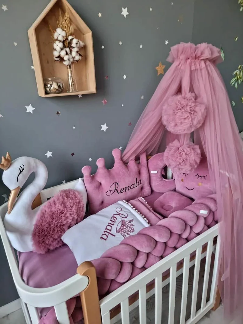 Baby Girl Bedding Set Dry Rose - Princess Swan, Crown, Moon & Cloud