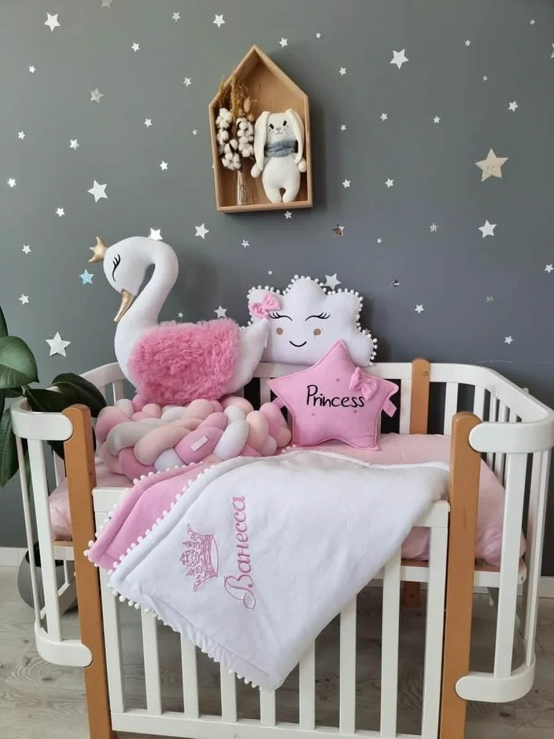 Baby Girl Bedding Set Pink - Princess Swan & 2 Star Pillows