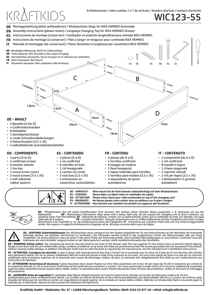 Wickelaufsatz für HEMNES-Kommode mit 3 Schubladen – zum Quer-Wickeln – Wickelfläche 50 × 70 cm
