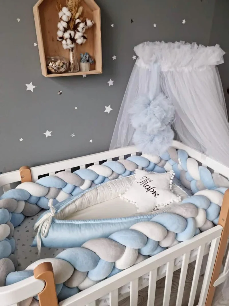 Double Braided Crib Bumper Blue White 20 cm