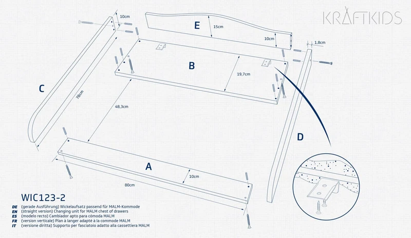 Wickelaufsatz für MALM-Kommoden mit 3 oder 4 Schubladen – geschwungen – Wickelfläche 78 × 78 cm