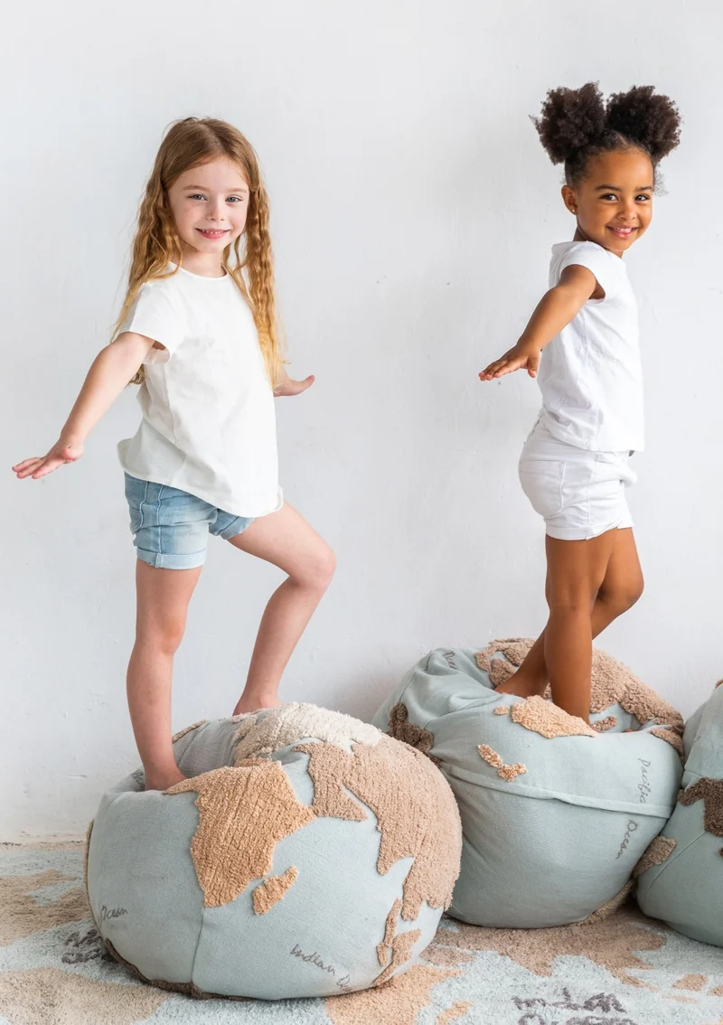 Sitzpouf 'World Map' Natural / Blue