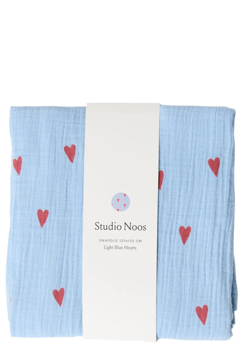 Musselin Mulltuch 'Swaddle Print Large' Light Blue Hearts 120 x 120 cm