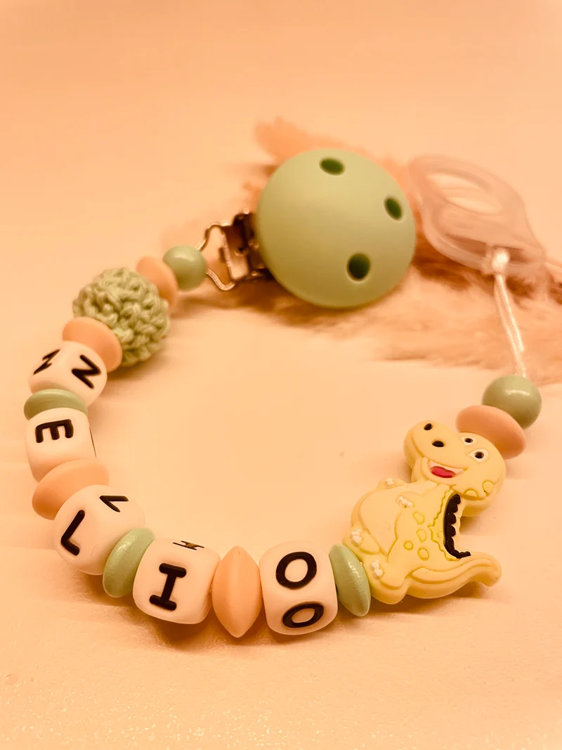 Schnullerkette personalisiert Dino beige mint