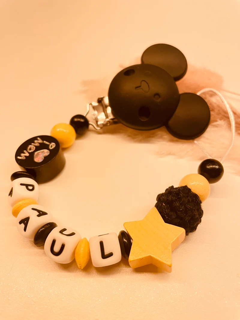 Schnullerkette schwarz gelb I love mom/dad Stern