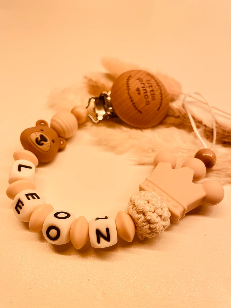 Schnullerkette personalisiert little Prince beige Bär mit Krone