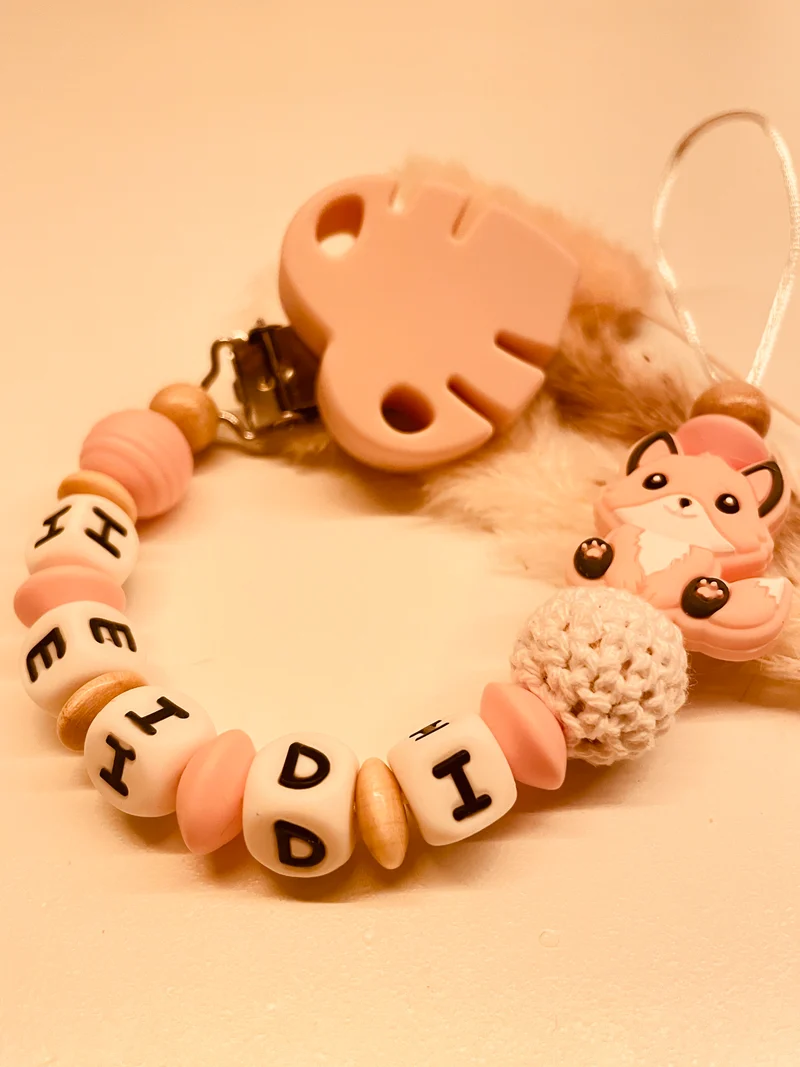 Schnullerkette personalisiert Fuchs rosa natur