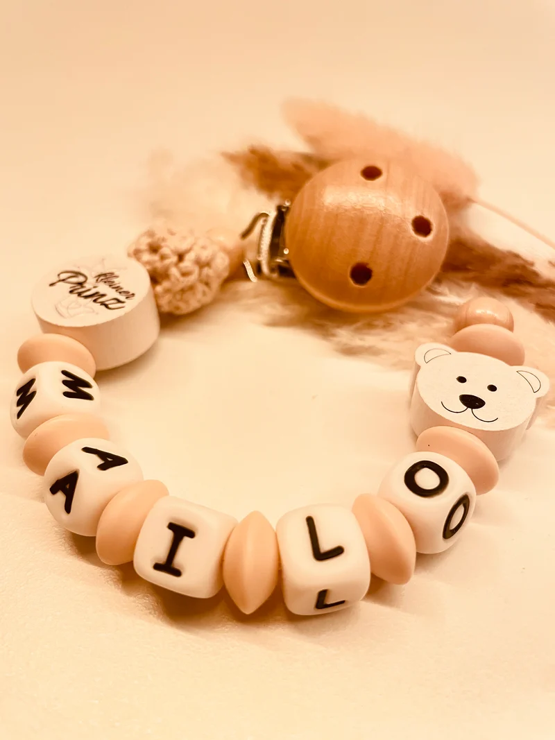 Schnullerkette personalisiert Teddy kleiner Prinz weiß beige