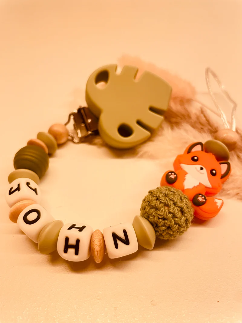 Schnullerkette Kinderwagenkette Greifring Babyschalenanhänger Schlüsselanhänger Fuchs grün beige