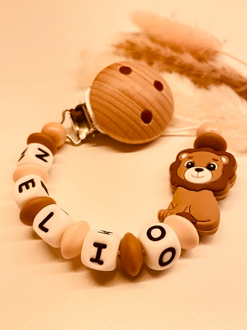 Schnullerkette personalisiert Löwe braun/beige