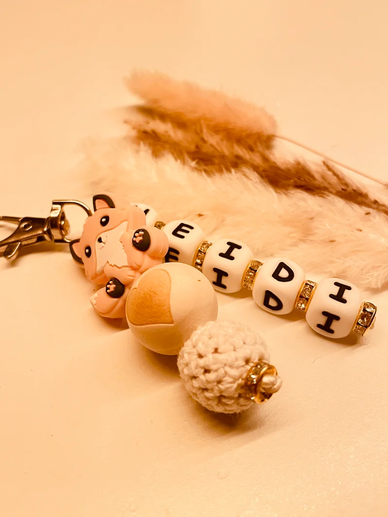 Schnullerkette Kinderwagenkette Greifring Babyschalenanhänger Schlüsselanhänger Fuchs rosa beige