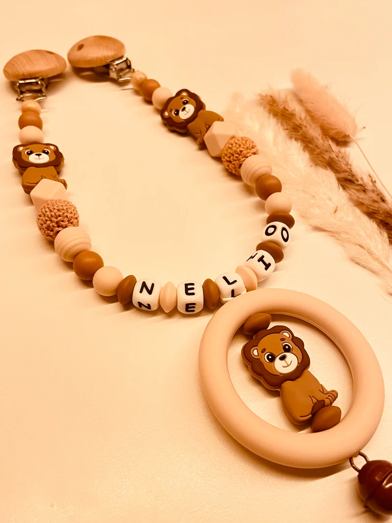 Schnullerkette Kinderwagenkette Greifring Löwe braun/beige