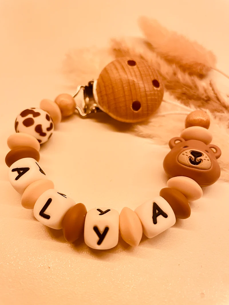 Schnullerkette personalisiert Bär beige braun