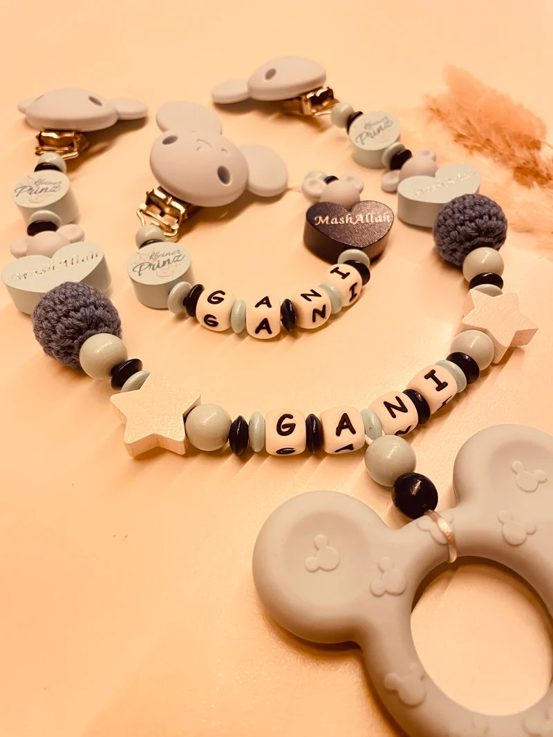 Schnullerkette Kinderwagenkette personalisiert Maus kleiner Prinz Mashallah