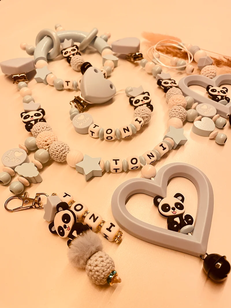 Schnullerkette Kinderwagenkette Greifring Babyschalenanhänger Schlüsselanhänger Panda blau personalisiert