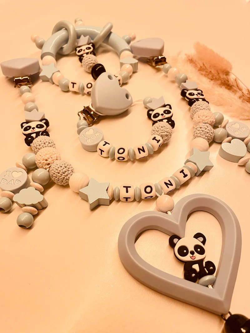 Schnullerkette Kinderwagenkette Greifring Babyschalenanhänger Schlüsselanhänger Panda blau personalisiert