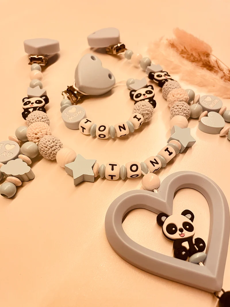Schnullerkette Kinderwagenkette Greifring Babyschalenanhänger Schlüsselanhänger Panda blau personalisiert