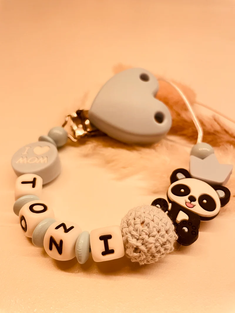 Schnullerkette Kinderwagenkette Greifring Babyschalenanhänger Schlüsselanhänger Panda blau personalisiert