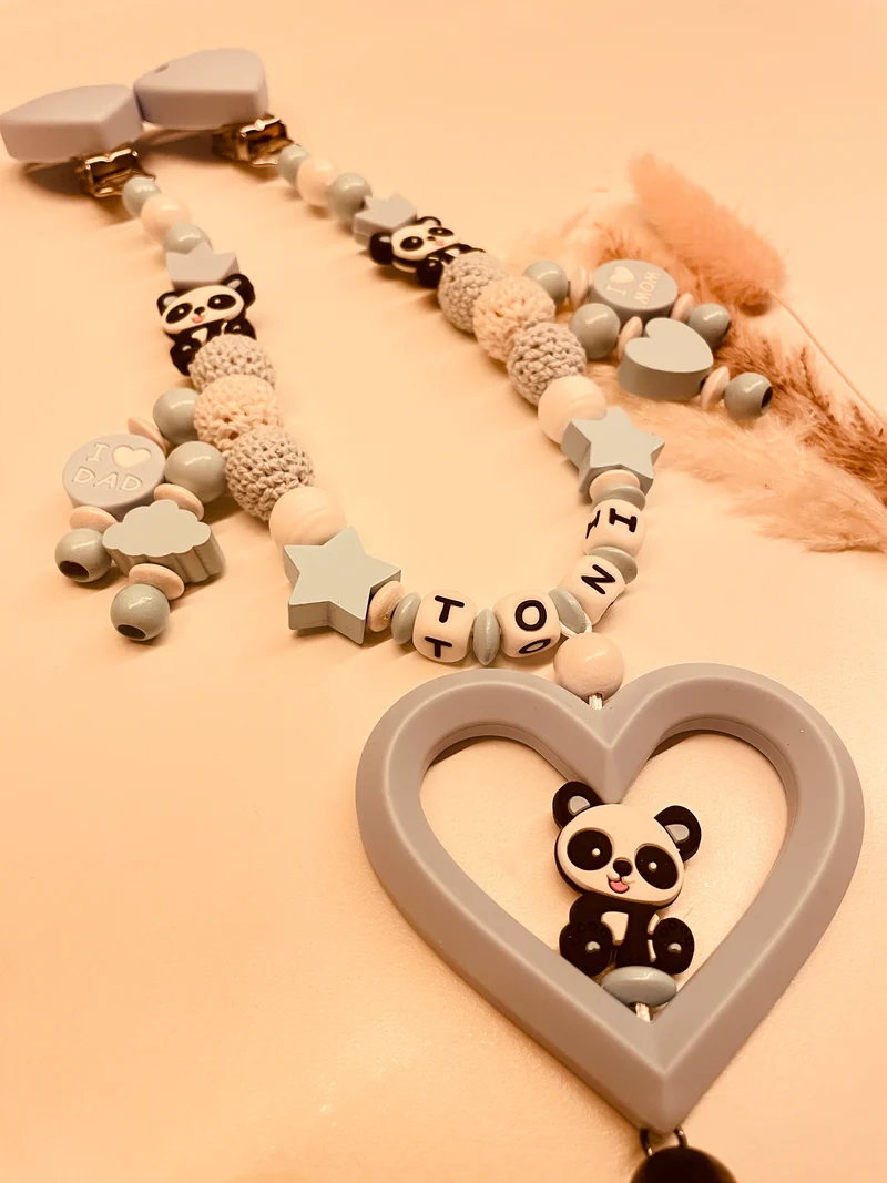 Schnullerkette Kinderwagenkette Greifring Babyschalenanhänger Schlüsselanhänger Panda blau personalisiert