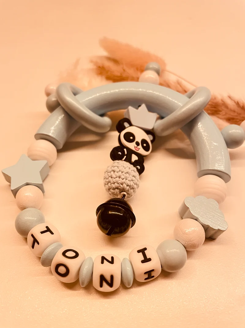Schnullerkette Kinderwagenkette Greifring Babyschalenanhänger Schlüsselanhänger Panda blau personalisiert