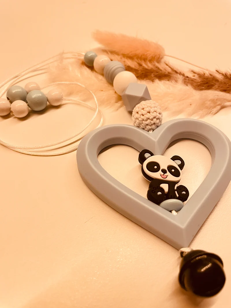 Schnullerkette Kinderwagenkette Greifring Babyschalenanhänger Schlüsselanhänger Panda blau personalisiert