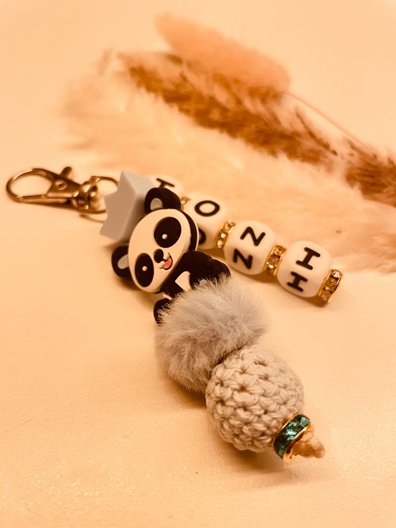 Schnullerkette Kinderwagenkette Greifring Babyschalenanhänger Schlüsselanhänger Panda blau personalisiert
