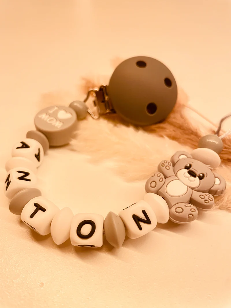 Schnullerkette personalisiert grau I love mum