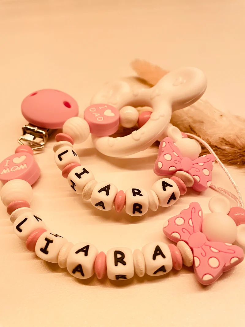 Schnullerkette und Greifring Maus rosa weiß I love mom & dad