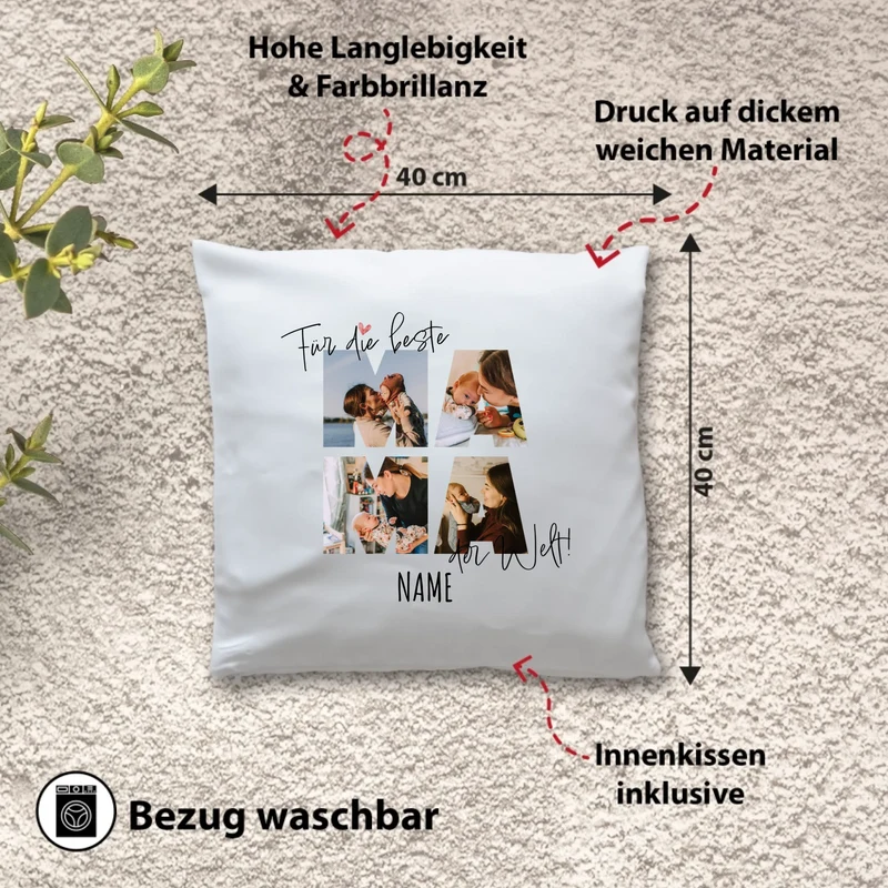 Personalisiertes Kissen - Für die beste MAMA der Welt - Fotokissen mit Foto + Namen - Geschenk für Mutter
