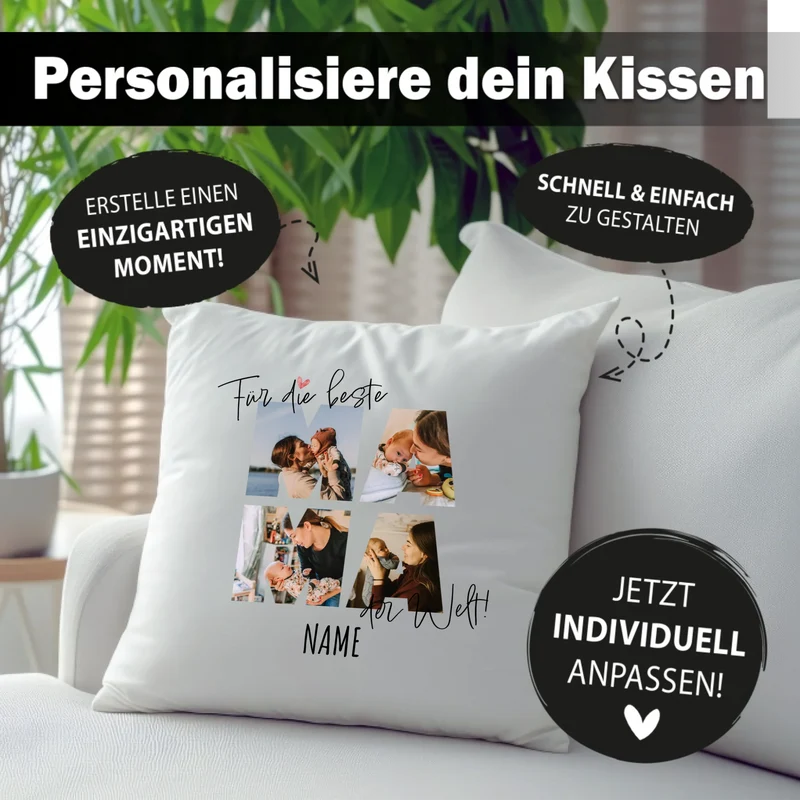 Personalisiertes Kissen - Für die beste MAMA der Welt - Fotokissen mit Foto + Namen - Geschenk für Mutter