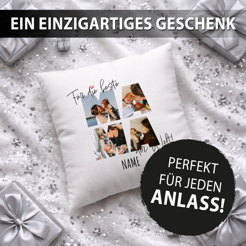 Personalisiertes Kissen - Für die beste MAMA der Welt - Fotokissen mit Foto + Namen - Geschenk für Mutter