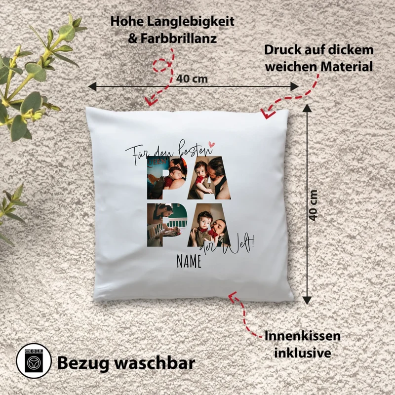 Personalisiertes Kissen - Für den besten PAPA der Welt - Fotokisssen mit Foto + Name - Geschenk für Vater