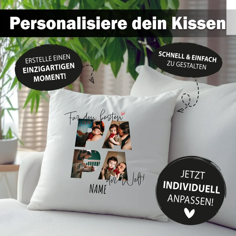 Personalisiertes Kissen - Für den besten PAPA der Welt - Fotokisssen mit Foto + Name - Geschenk für Vater