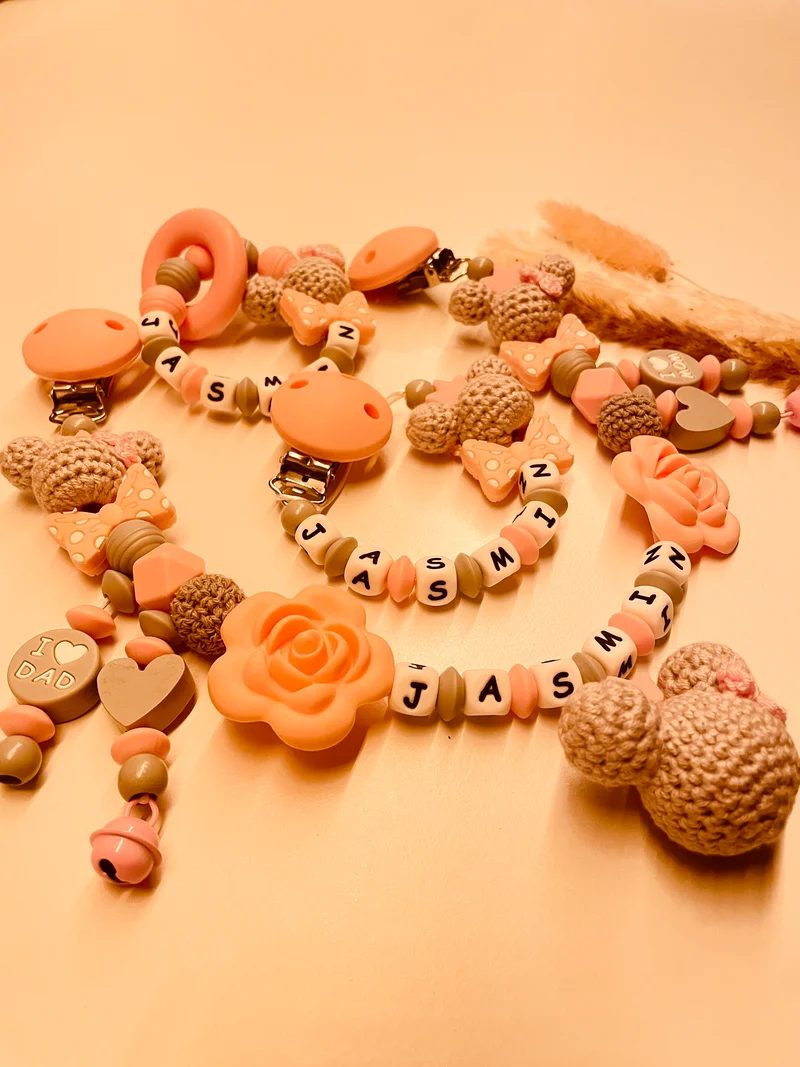 Schnullerkette Kinderwagenkette Greifring Maus grau/rosa