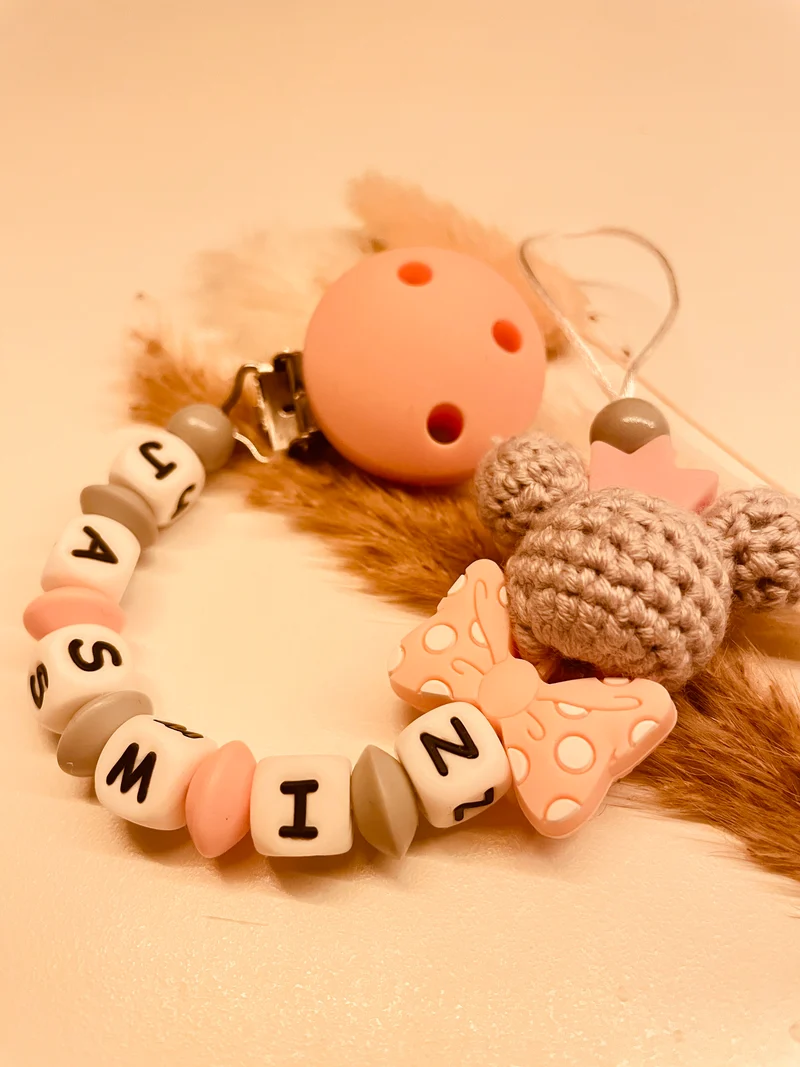 Schnullerkette Kinderwagenkette Greifring Maus grau/rosa