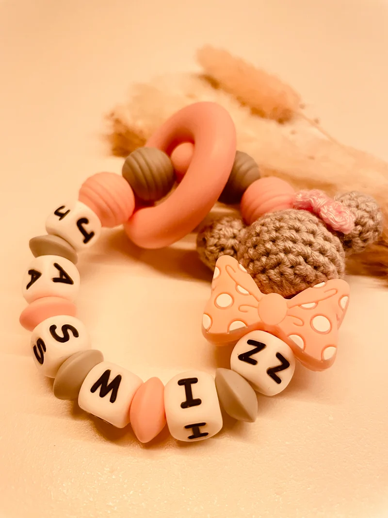 Schnullerkette Kinderwagenkette Greifring Maus grau/rosa