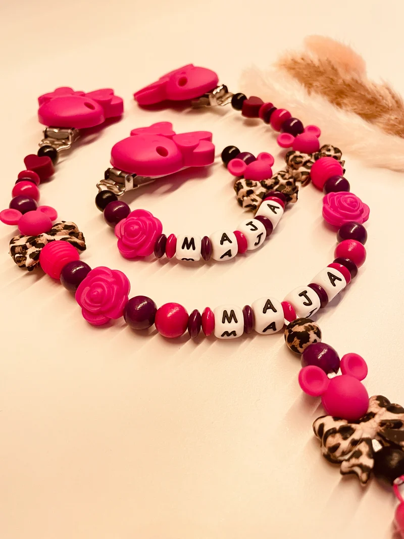 Schnullerkette, Kinderwagenkette Maus Leo pink lila