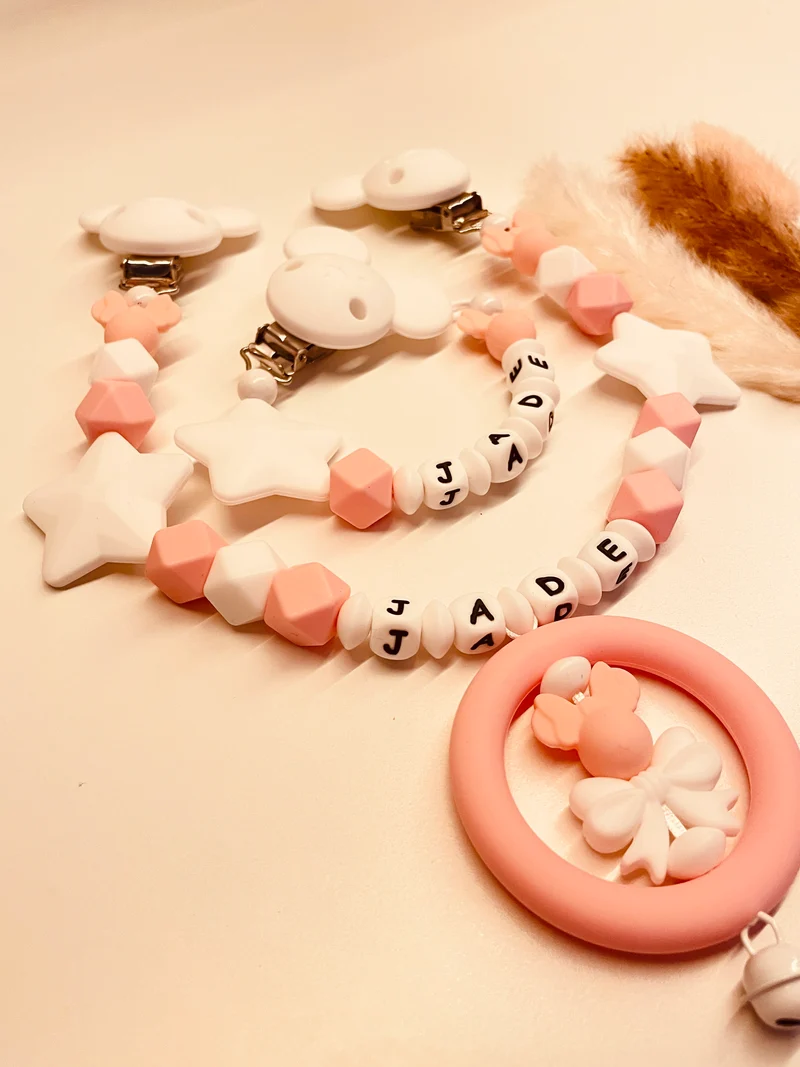 Schnullerkette, Kinderwagenkette Maus mit Stern rosa weiß