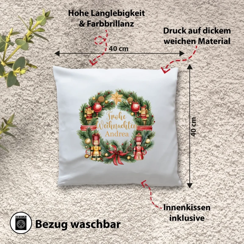 Personalisiertes Weihnachts-Kissen - Frohe Weihnachten Weihnachtskranz mit Namen