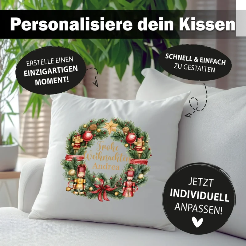 Personalisiertes Weihnachts-Kissen - Frohe Weihnachten Weihnachtskranz mit Namen