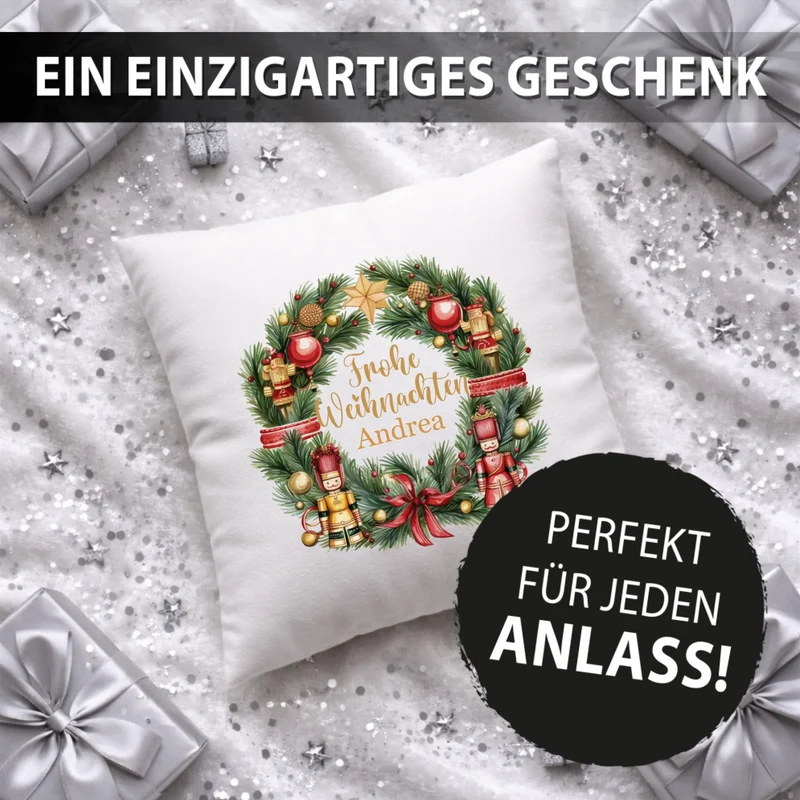 Personalisiertes Weihnachts-Kissen - Frohe Weihnachten Weihnachtskranz mit Namen