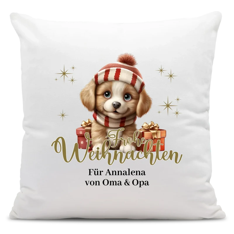Personalisiertes Weihnachts-Kissen - Frohe Weihnachten mit Baby-Hund und Wunschtext, Weihnachtsgrüße, Weihnachtsgeschenk