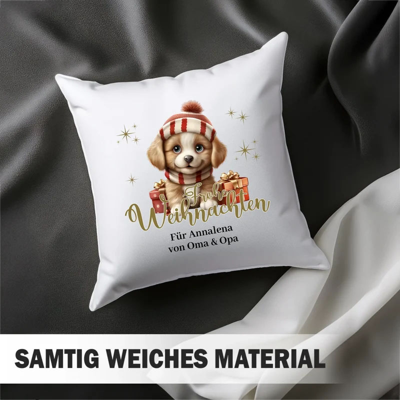 Personalisiertes Weihnachts-Kissen - Frohe Weihnachten mit Baby-Hund und Wunschtext, Weihnachtsgrüße, Weihnachtsgeschenk